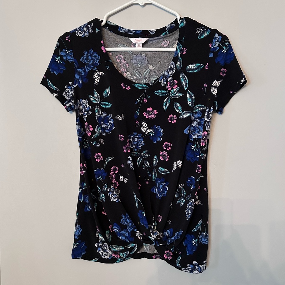 Candie's Blue Floral V-Neck Short Sleeve Top
